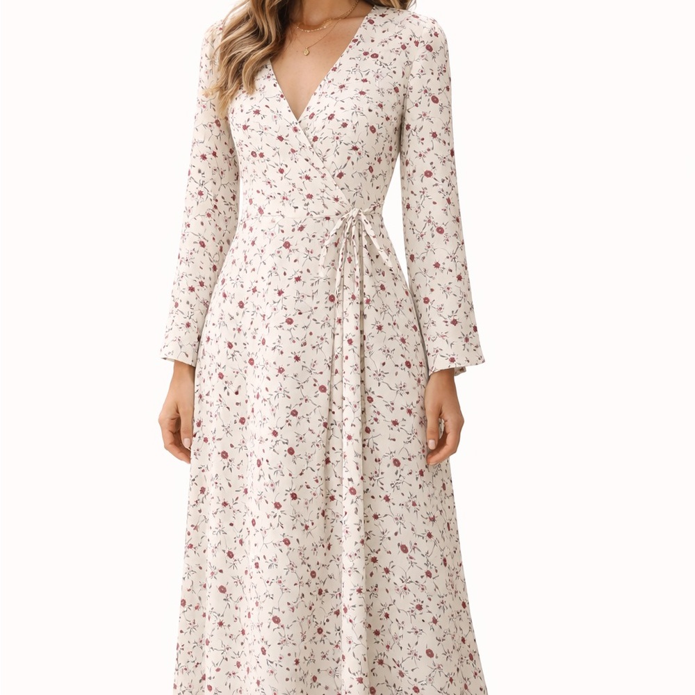 Sugarlips Cream Long Sleeve Floral Wrap Maxi Dress